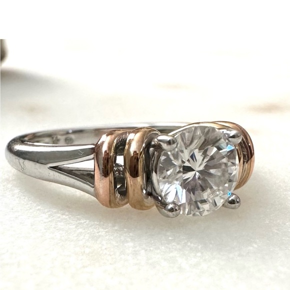 Moissanite 1.00ct DEW Solitaire Platineve Sterling Silver Ring with 14k Gold - Picture 7 of 7